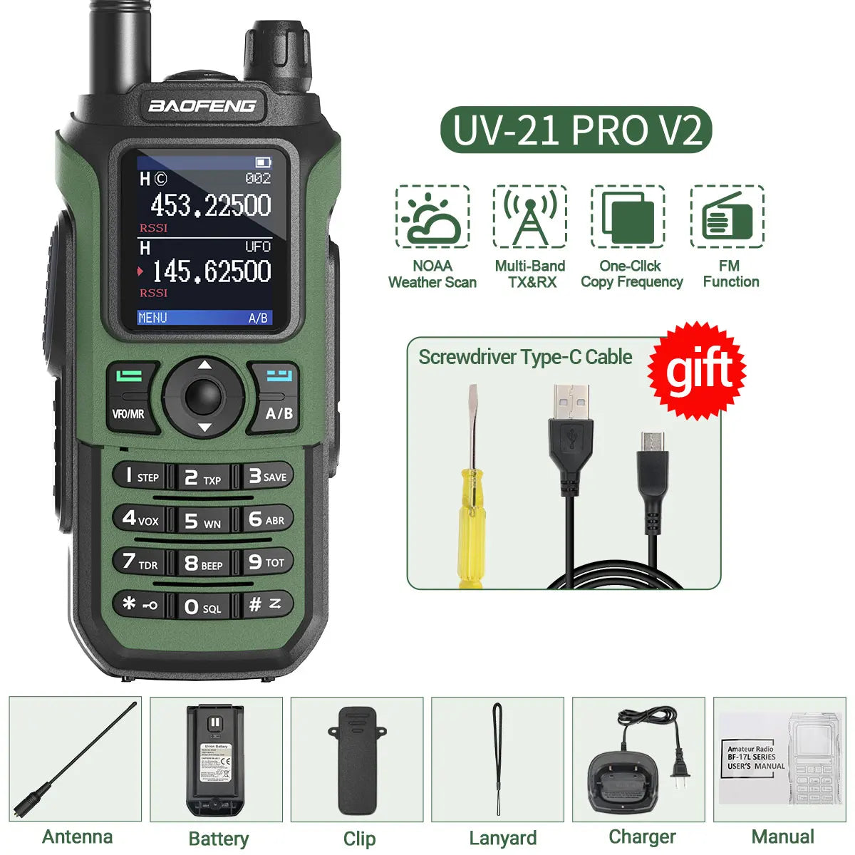 Baofeng UV-21 Pro V2 Long-Range Walkie Talkie – VHF/UHF Two-Way Radio with Air Band Reception, Wireless Frequency Copy & USB-C Charging