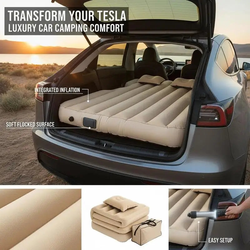 Inflatable Vehicle Sleeping Mat (75" × 51") – Built-In Air Pump, Thickened Flocked Surface, Portable Car Camping Air Mattress for Travel & Road Trips (Beige)