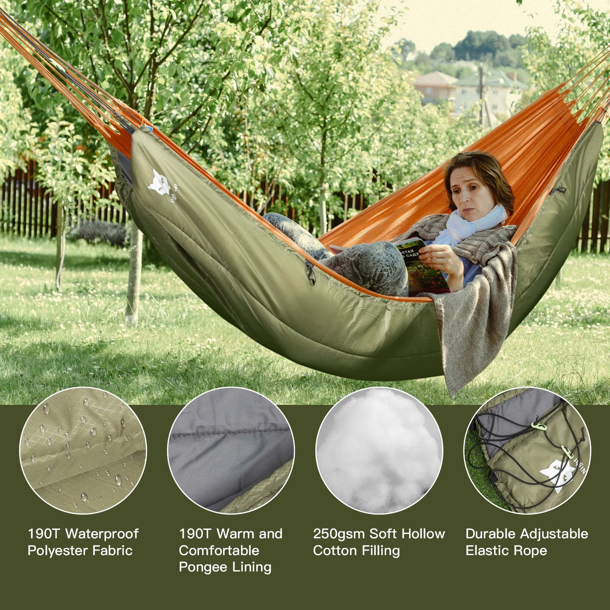 Night Cat 4-Season Insulated Hammock Underquilt – Lightweight & Warm Sleeping Underblanket, 5–20°C, Army Green