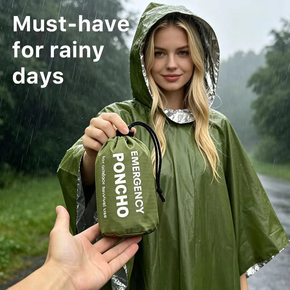 1Pc Emergency Waterproof Aluminum Film Rain Poncho,Thermal Warm Rainwear&Survival Blanket,Multi-purpose Outdoor Survival Gadgets