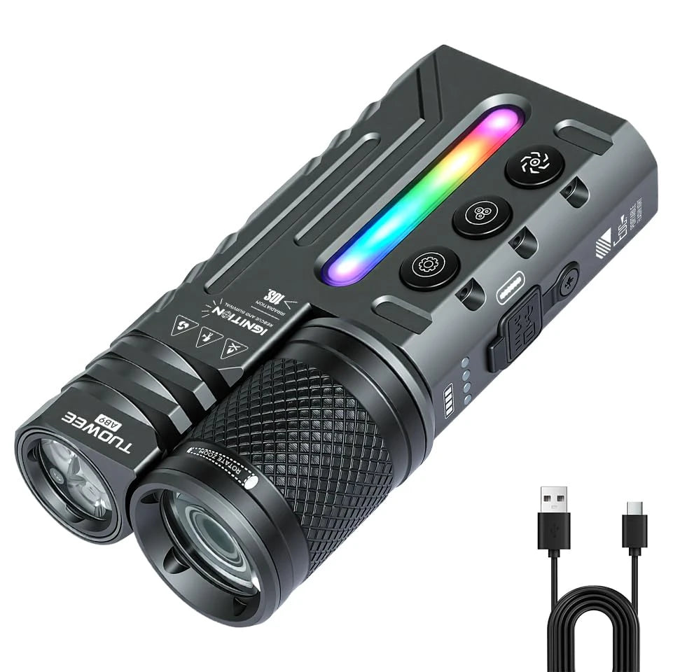 IPX4 Waterproof 3000LM Zoomable Rechargeable Flashlight with USB-C Charging, Dual-Light Design, RGB Lighting, Multiple Modes, and EDC Torch Function for Camping, Outdoor Use & Emergencies.