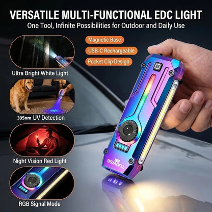 TUOWEE 7-in-1 1800LM Tactical Flashlight, Type-C Rechargeable EDC Light with 395 NM UV Light, Laser, RGB Light, Magnetic Base & Stepless Dimming for Outdoor Use