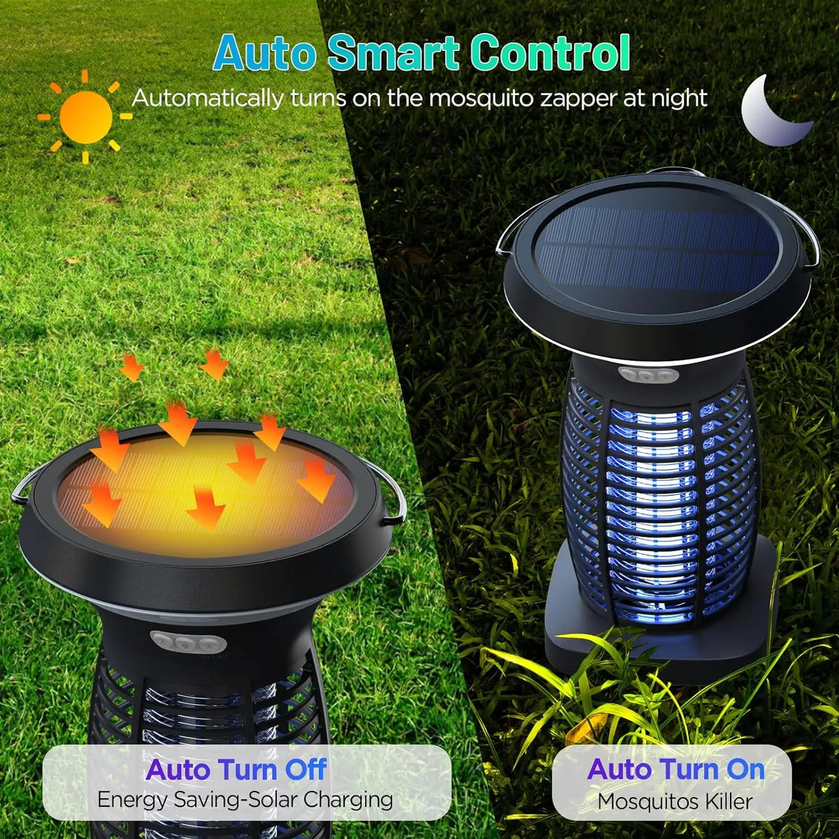 Solar-Powered Outdoor Bug Zapper – Waterproof, Portable & Rechargeable Mosquito and Fly Trap with Solar Panel, Light Sensor & LED Night Light
