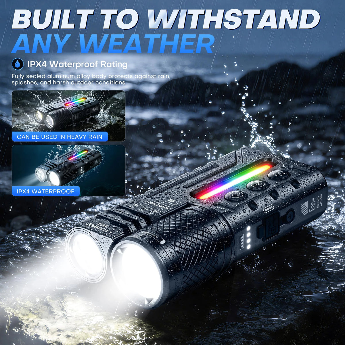 IPX4 Waterproof 3000LM Zoomable Rechargeable Flashlight with USB-C Charging, Dual-Light Design, RGB Lighting, Multiple Modes, and EDC Torch Function for Camping, Outdoor Use & Emergencies.
