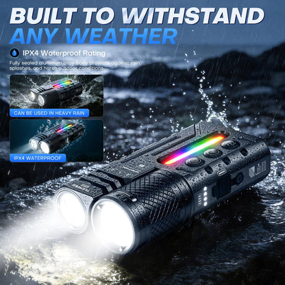 IPX4 Waterproof 3000LM Zoomable Rechargeable Flashlight with USB-C Charging, Dual-Light Design, RGB Lighting, Multiple Modes, and EDC Torch Function for Camping, Outdoor Use & Emergencies.