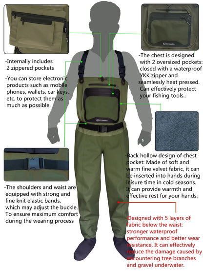 5 Layer Breathable Waterproof Fly Fishing Chest-High Waders Stockingfoot High Pant Wader Durable Duck Hunting Wading Pants