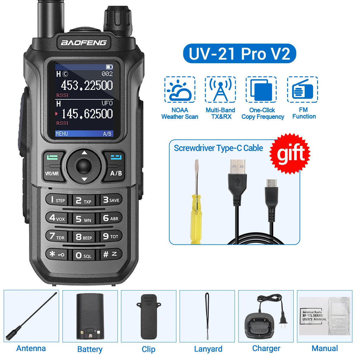 Baofeng UV-21 Pro V2 Long-Range Walkie Talkie – VHF/UHF Two-Way Radio with Air Band Reception, Wireless Frequency Copy & USB-C Charging