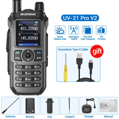 Baofeng UV-21 Pro V2 Long-Range Walkie Talkie – VHF/UHF Two-Way Radio with Air Band Reception, Wireless Frequency Copy & USB-C Charging