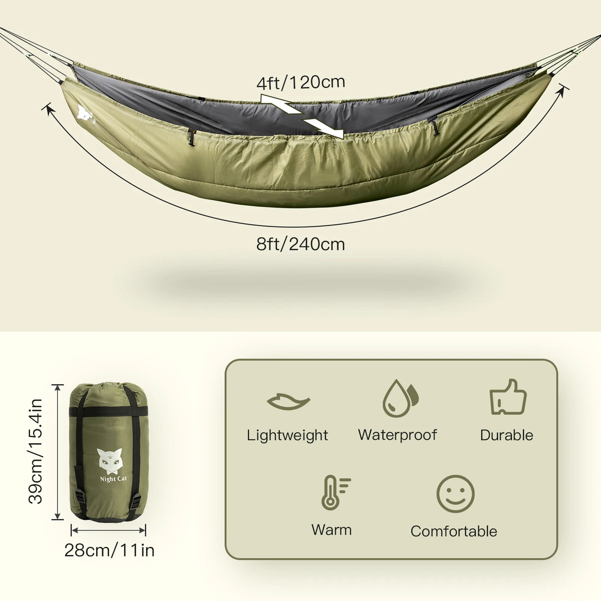 Night Cat 4-Season Insulated Hammock Underquilt – Lightweight & Warm Sleeping Underblanket, 5–20°C, Army Green