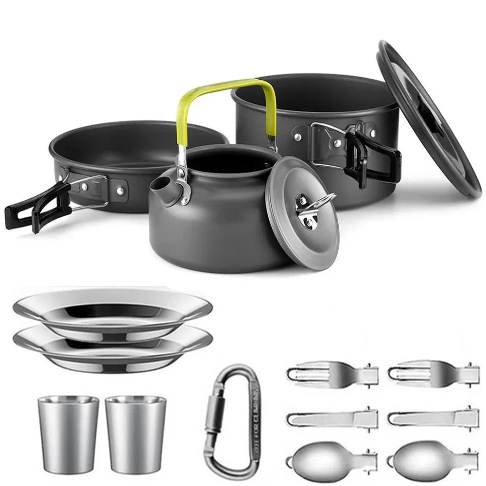 Camping Cookware Set for 2–3 People – Non-Stick Camping Cooking Pot & Pan Set with Teapot, Travel Tableware Kit for Outdoor Camping, Hiking, Backpacking & Picnics