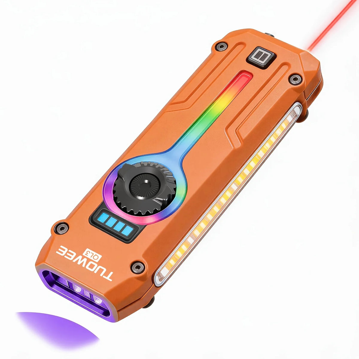 TUOWEE 7-in-1 1800LM Tactical Flashlight, Type-C Rechargeable EDC Light with 395 NM UV Light, Laser, RGB Light, Magnetic Base & Stepless Dimming for Outdoor Use