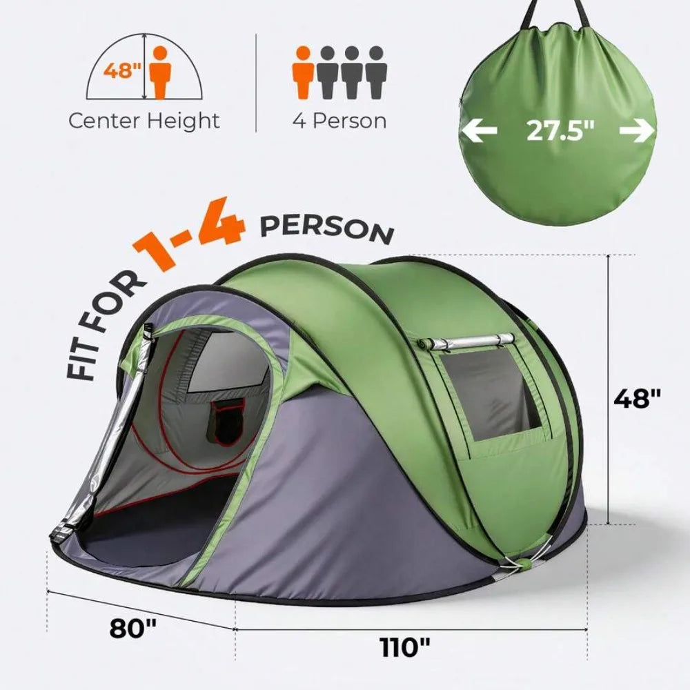 4 Person Pop Up Camping Tent Instant Setup Waterproof Family Shelter with Front Awning Dual Mesh Doors Automatic Portable Sun Protection for Beach Festival Backyard Outdoor Travel Hiking