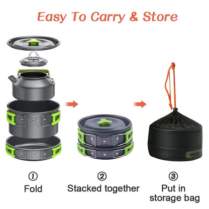 Camping Cookware Set for 2–3 People – Non-Stick Camping Cooking Pot & Pan Set with Teapot, Travel Tableware Kit for Outdoor Camping, Hiking, Backpacking & Picnics