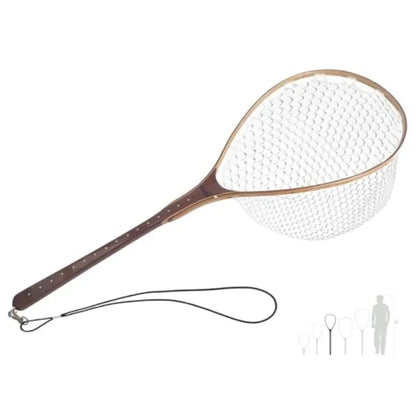 Fly Fishing Net for Freshwater Saltwater Use: Wooden Handle, Black Rubber Mesh, Soft Landing Safety Design Ideal
