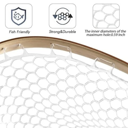 Fly Fishing Net for Freshwater Saltwater Use: Wooden Handle, Black Rubber Mesh, Soft Landing Safety Design Ideal