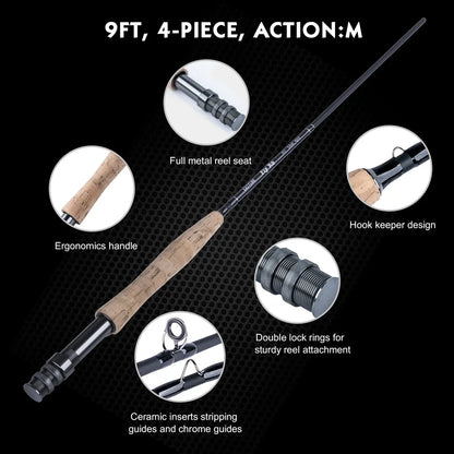 Goture Fly Fishing Rod Portable 4-Piece 9FT Lightweight Travel Fly Fishing Rod 30+36T Carbon Fiber 5/6wt 7/8wt Fly Rod with Tube