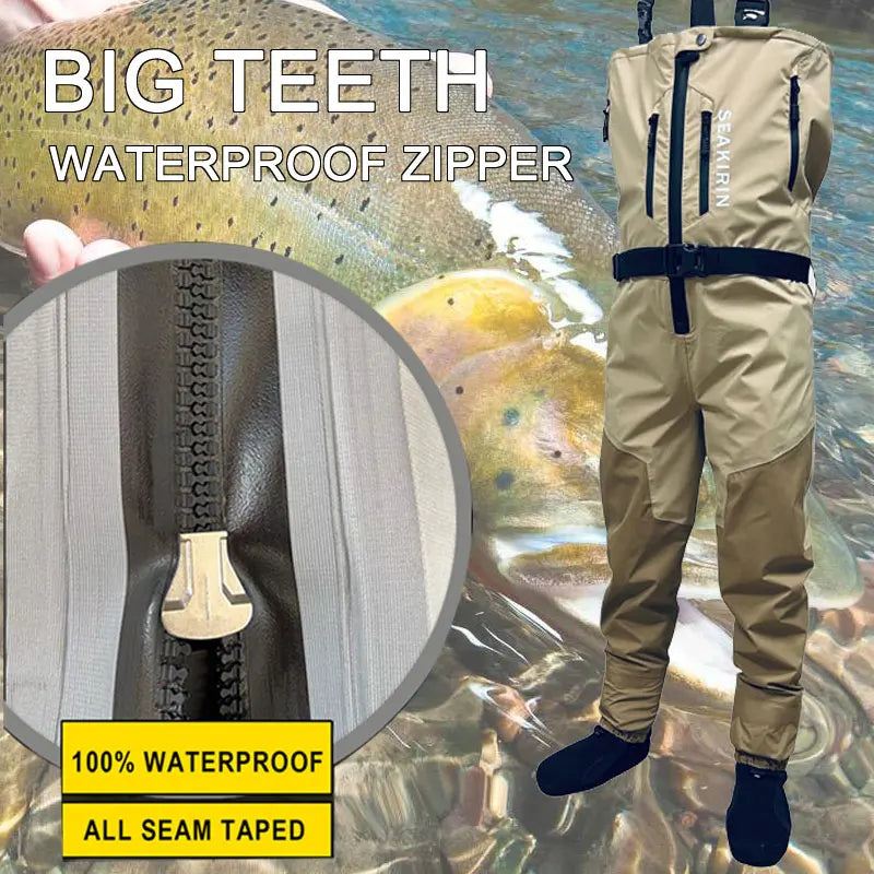 Zip-front Breathable Stout Chest Fishing Waders Waterproof Zippered Big and Tall Stockingfoot Wading Pants for Men,Welding Seam