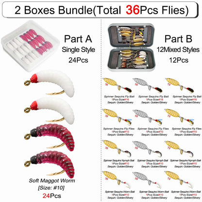 2 Boxes Bundle(Total 36Pcs Flies)Artificial Fly Fishing Flies Kit-Size #10-#16 -Dry Wet Fly Fishing Sequin Lures for Trout Salmon