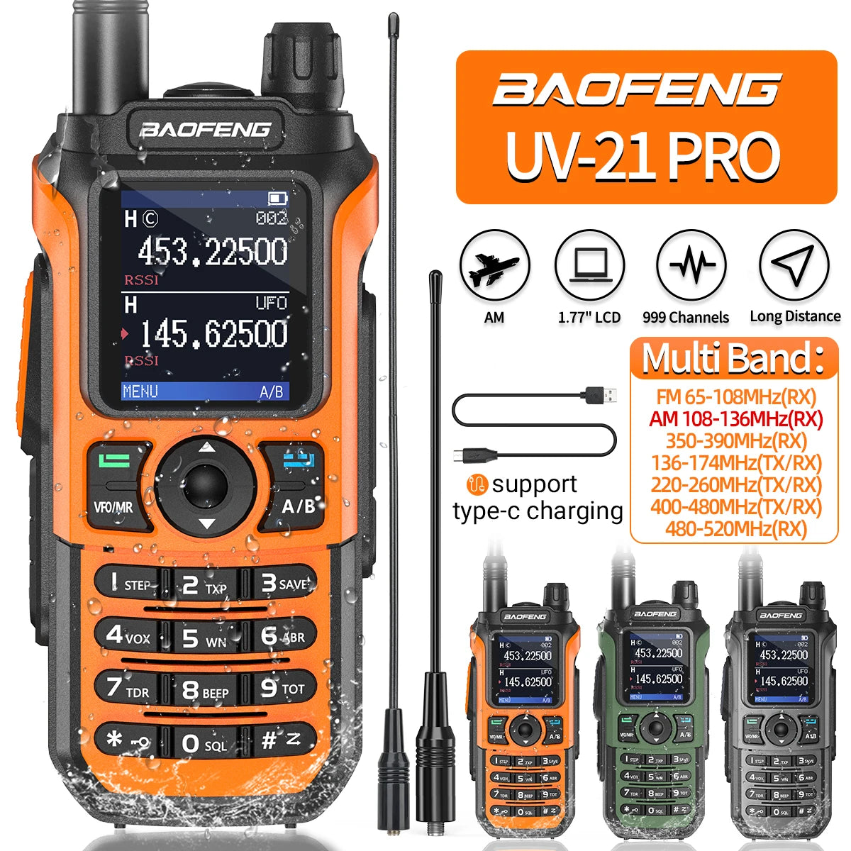 Baofeng UV-21 Pro V2 Long-Range Walkie Talkie – VHF/UHF Two-Way Radio with Air Band Reception, Wireless Frequency Copy & USB-C Charging