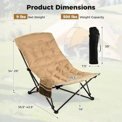 Portable Folding Camping Chair, 4-Position Padded Seat with 500 lbs Capacity, Side Pocket and Carry Bag, Ideal for Outdoors, Spo