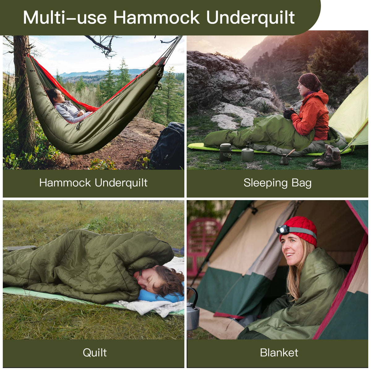 Night Cat 4-Season Insulated Hammock Underquilt – Lightweight & Warm Sleeping Underblanket, 5–20°C, Army Green