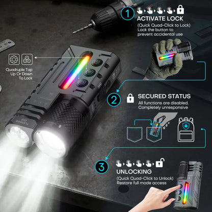 IPX4 Waterproof 3000LM Zoomable Rechargeable Flashlight with USB-C Charging, Dual-Light Design, RGB Lighting, Multiple Modes, and EDC Torch Function for Camping, Outdoor Use & Emergencies.