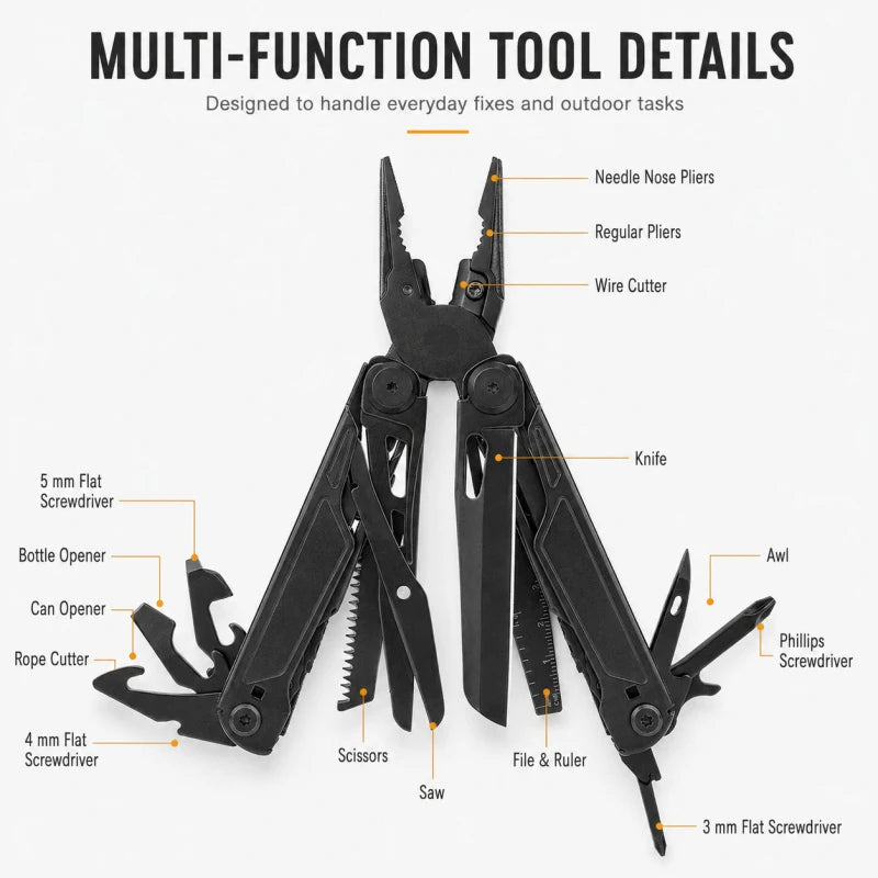 16 in 1 Multifunctional Pliers Stainless Steel Folding Multi Tool with Knife for Outdoor Camping Survival Portable