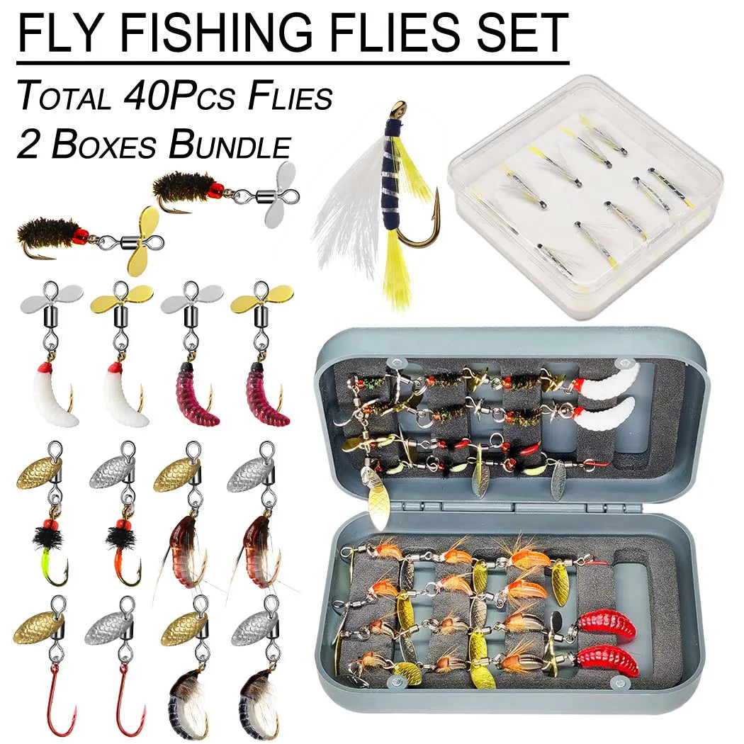 (Total 40Pcs Flies)2 Boxes Bundle Trout Nymph Fly Fishing Lure Dry/Wet Flies-Sequin Fly Fishing Flies Artificial Bait Kit