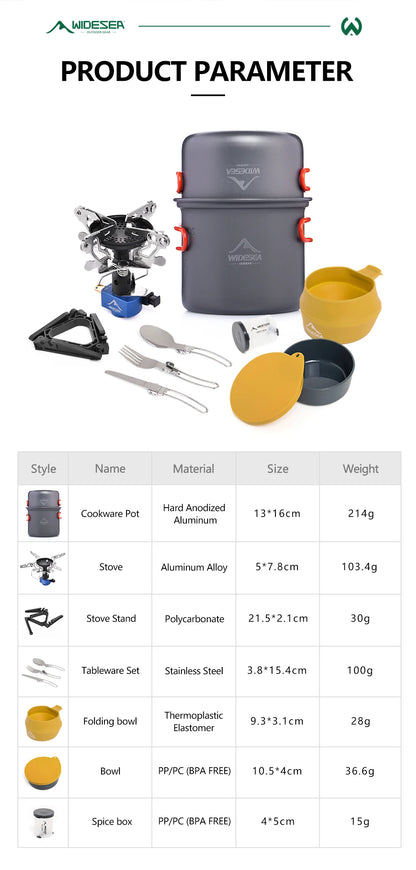 Widesea Camping Gas Stove Tableware Set Portable Gear Tourist Gadgets Kitchen Stuff Cooking Survival Camper Accessories Supplies