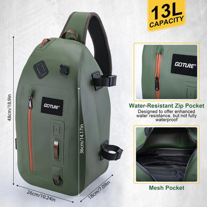 Goture IPX8 Waterproof Fishing Dry Backpack for Fishing Trout Tackle Backpack Fly Sling Pack 840D TUP Fishing Tool Storage Bag