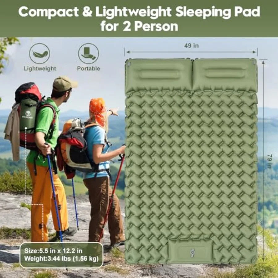 Double Sleeping Pad for Camping – 4" Thick Inflatable Mattress for 2, Built-In Foot Pump & Pillow, Ultralight, Self-Inflating