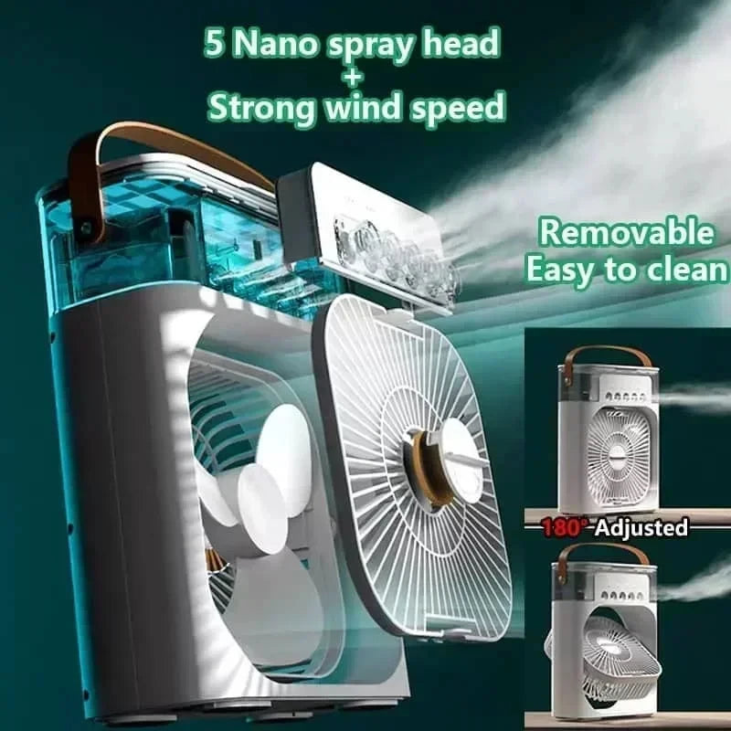 3-in-1 Portable Mini Air Cooler Fan with Humidifier & LED Night Light – Adjustable Personal Air Conditioner for Home, Office and Tents
