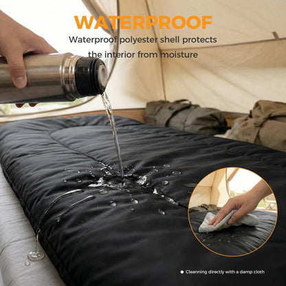 A lightweight 3-season double sleeping bag designed for two adults. It includes pillows, packs into a compact carrying bag, and is intended for camping, hiking, fishing, festivals, and road trips.