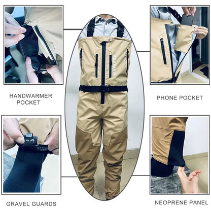 Zip-front Breathable Stout Chest Fishing Waders Waterproof Zippered Big and Tall Stockingfoot Wading Pants for Men,Welding Seam