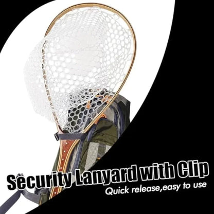 Fly Fishing Net for Freshwater Saltwater Use: Wooden Handle, Black Rubber Mesh, Soft Landing Safety Design Ideal