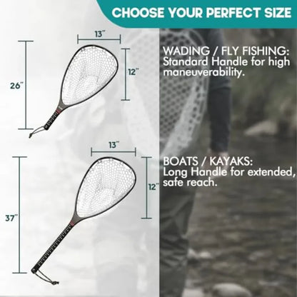 Fly Fishing Landing Net for Trout: Carbon Fiber Frame, Black/Gray, Soft Rubber Mesh Measurement Handle Standard or Long