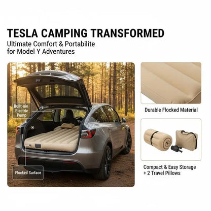 Inflatable Vehicle Sleeping Mat (75" × 51") – Built-In Air Pump, Thickened Flocked Surface, Portable Car Camping Air Mattress for Travel & Road Trips (Beige)
