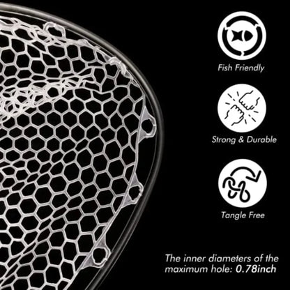 Fly Fishing Landing Net for Trout: Carbon Fiber Frame, Black/Gray, Soft Rubber Mesh Measurement Handle Standard or Long
