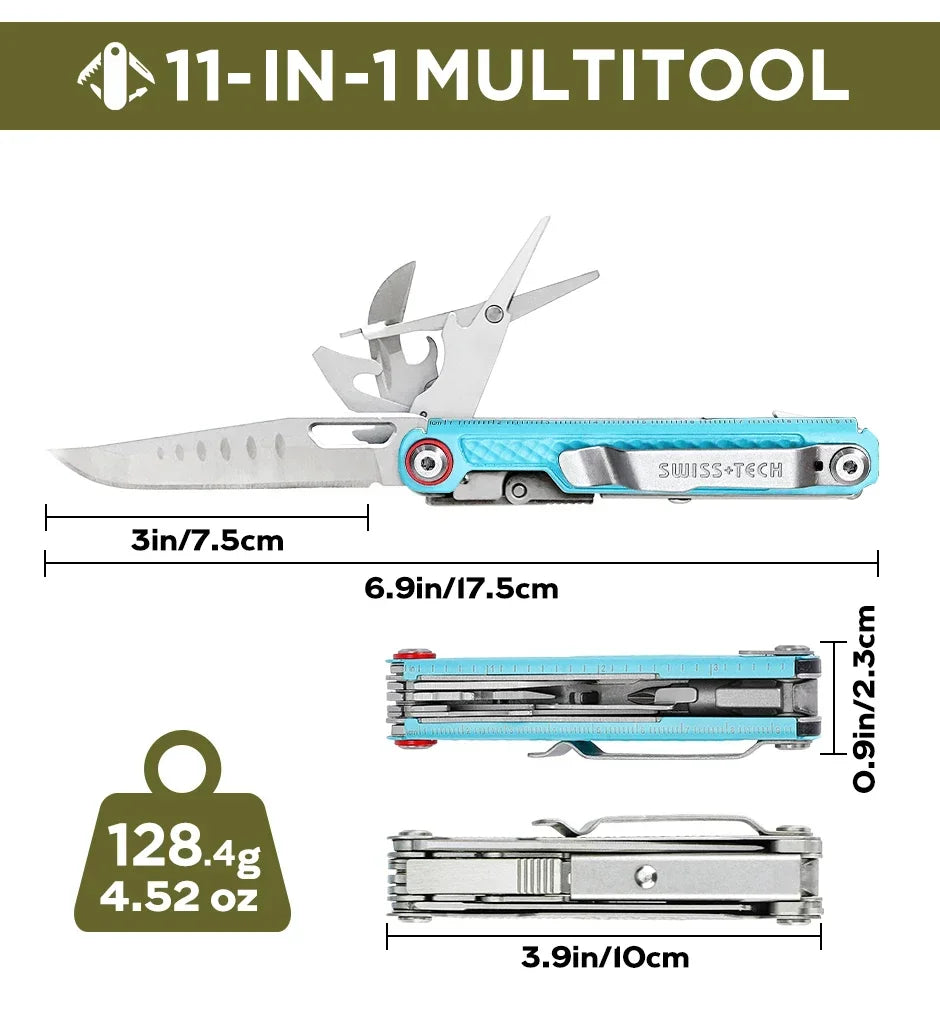 SWISS TECH 11 in 1 Mini Multitool Knife Folding EDC Outdoor Camping Survival Tools Scissors Screwdriver Multi Tool with Clip