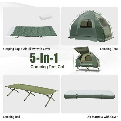 All-in-One Tent Cot Set with Awning, Air Mattress, Sleeping Bag, Pillow, and Carry Bag for Outdoor Adventures