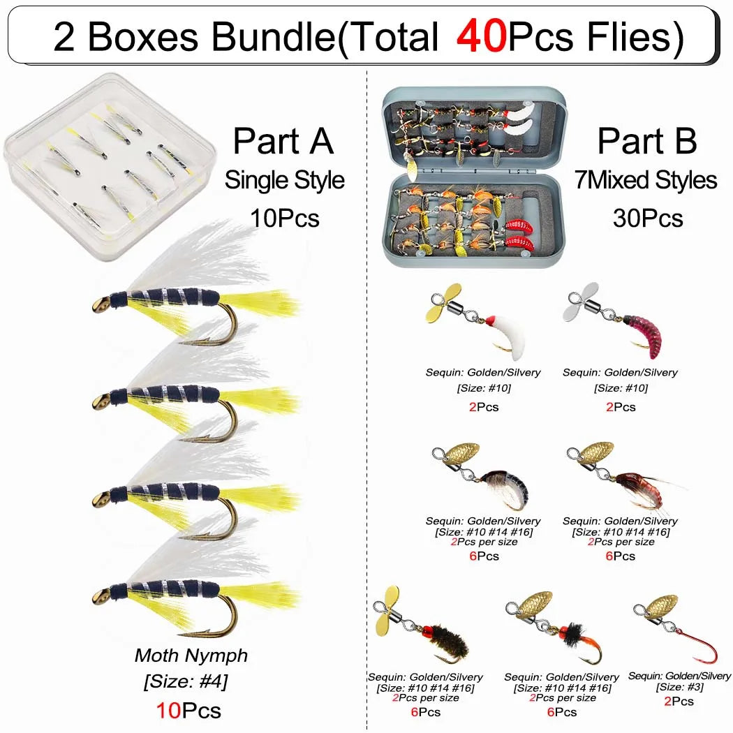 (Total 40Pcs Flies)2 Boxes Bundle Trout Nymph Fly Fishing Lure Dry/Wet Flies-Sequin Fly Fishing Flies Artificial Bait Kit