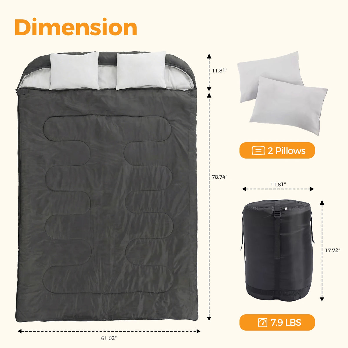 A lightweight 3-season double sleeping bag designed for two adults. It includes pillows, packs into a compact carrying bag, and is intended for camping, hiking, fishing, festivals, and road trips.