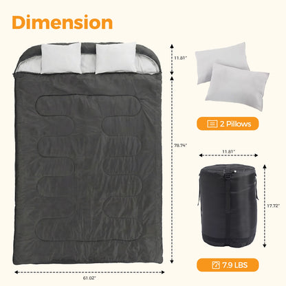 A lightweight 3-season double sleeping bag designed for two adults. It includes pillows, packs into a compact carrying bag, and is intended for camping, hiking, fishing, festivals, and road trips.