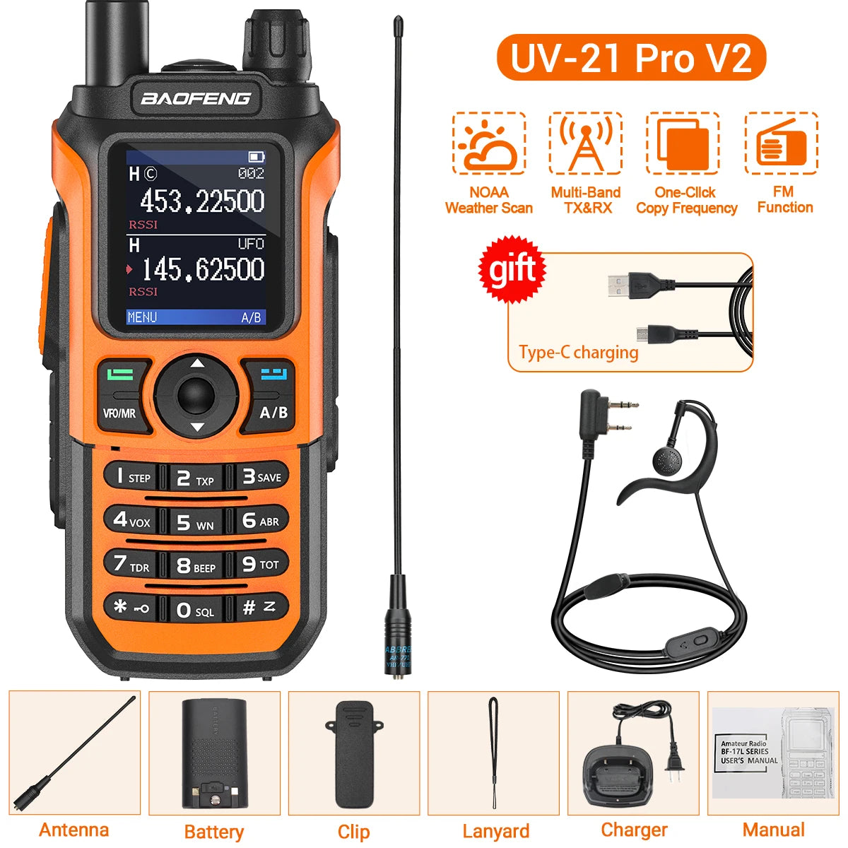 Baofeng UV-21 Pro V2 Long-Range Walkie Talkie – VHF/UHF Two-Way Radio with Air Band Reception, Wireless Frequency Copy & USB-C Charging