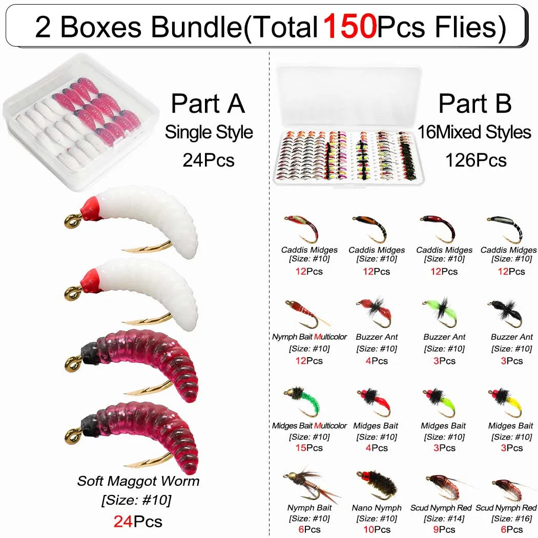 Fly Fishing Flies 2Boxes Bundle(Total 150Pcs Flies) Fly Fishing Bait Dry/Wet Fly Nymph Fly Fishing Lure Fly Box for Trout Salmon