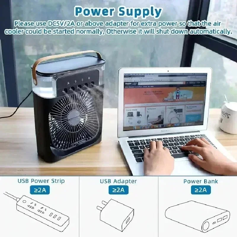 3-in-1 Portable Mini Air Cooler Fan with Humidifier & LED Night Light – Adjustable Personal Air Conditioner for Home, Office and Tents