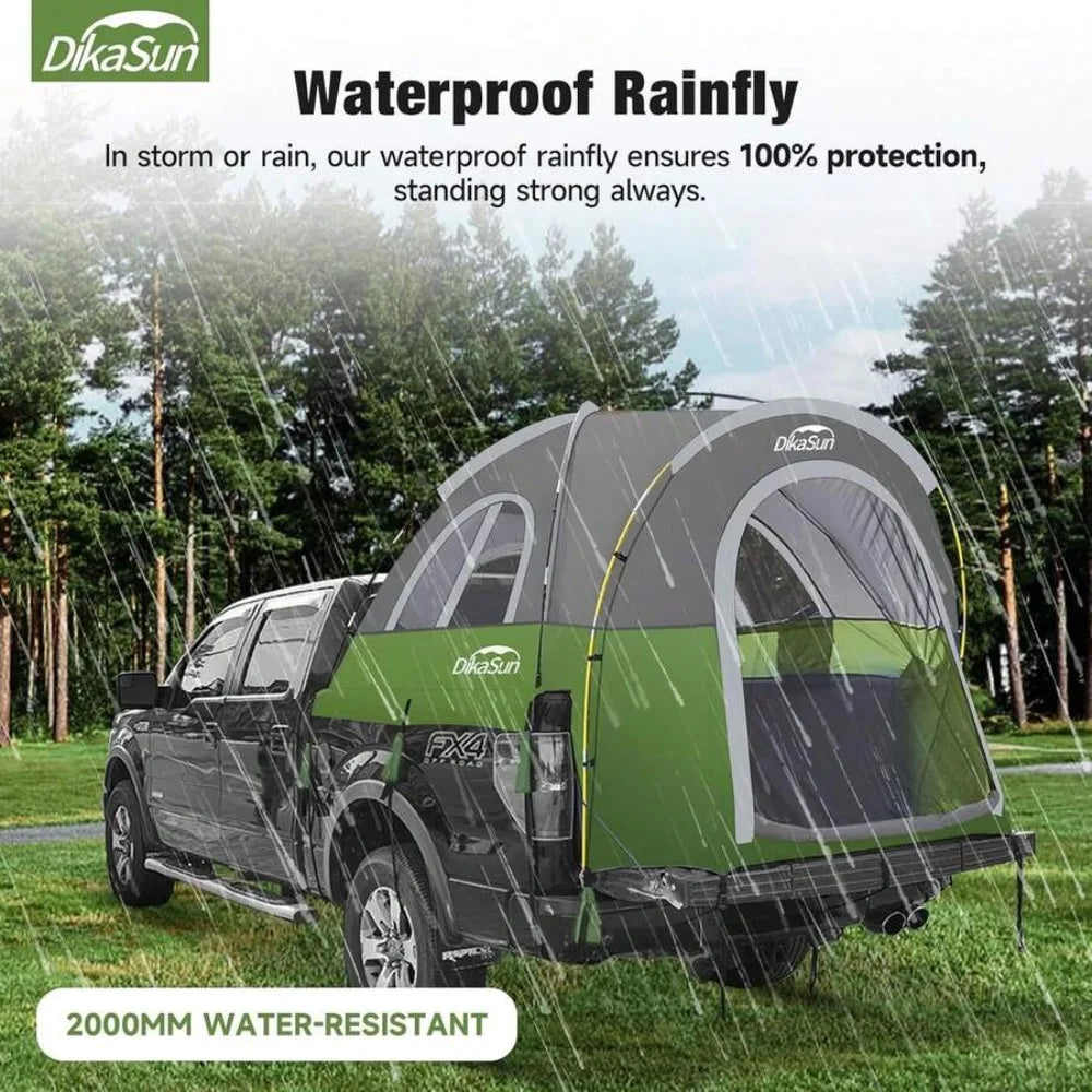 Waterproof PU3000 Truck Bed Tent for 2 Person Camping Tear Resistant Portable Pickup Tent with 3 Windows 4 Storage Bags Compatible with F150 F250 F350 RAM Titan Dirt Bike Tailgate Overnight Outdoor Travel