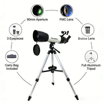 Skyoptikst 80/90mm Aperture Astronomical Telescope for Beginners,FMC Coating Refractor Telescope with Tripod,Eyepieces&Carry Bag