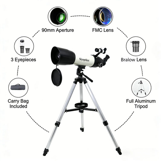 Skyoptikst 80/90mm Aperture Astronomical Telescope for Beginners,FMC Coating Refractor Telescope with Tripod,Eyepieces&Carry Bag