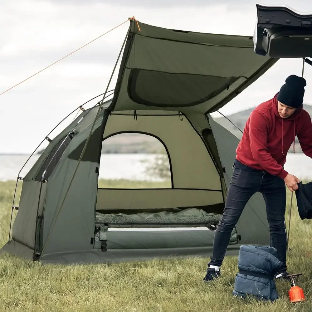 All-in-One Tent Cot Set with Awning, Air Mattress, Sleeping Bag, Pillow, and Carry Bag for Outdoor Adventures